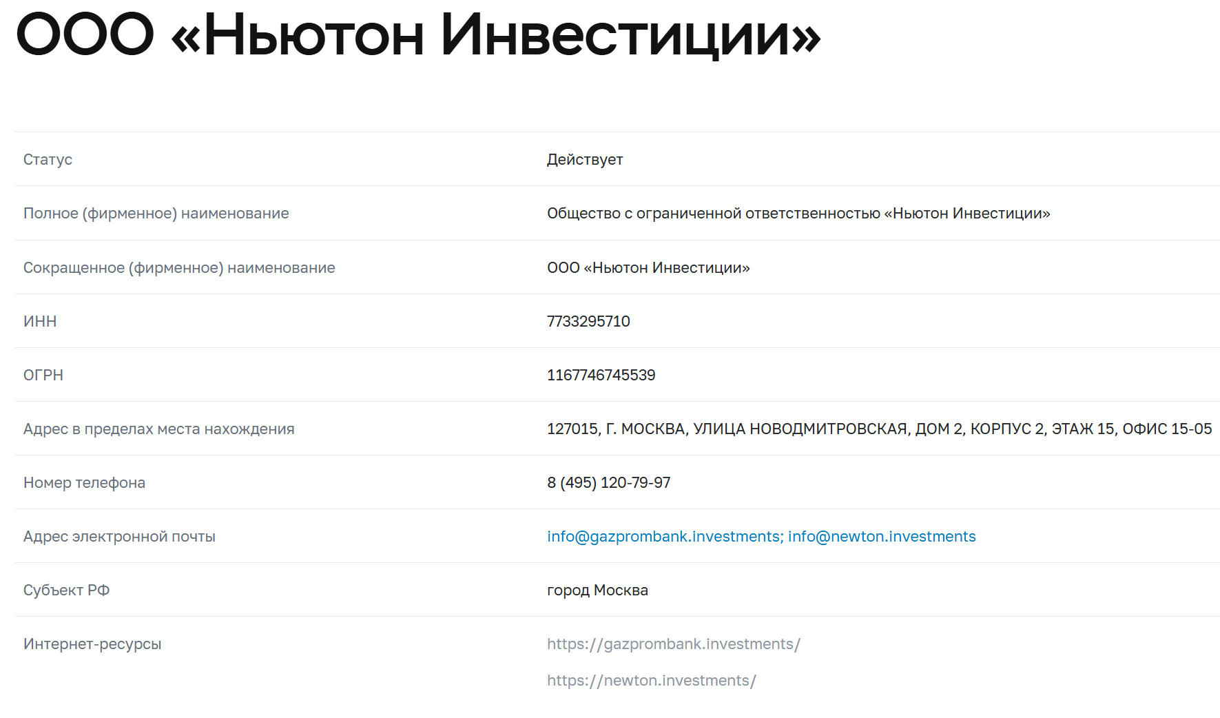 информация о Ньютон Инвестиции