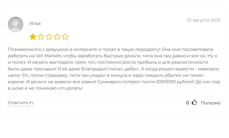 отзыв клиента Vell Markets