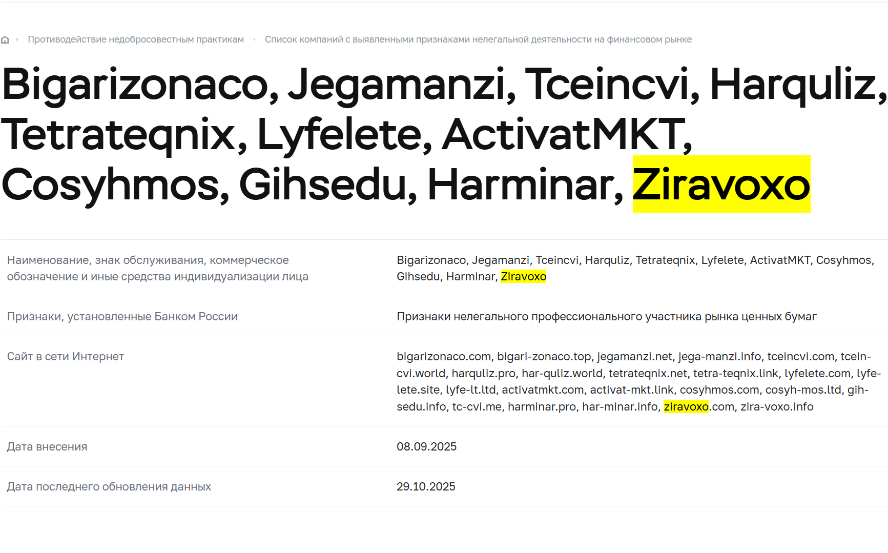 информация о Ziravoxo