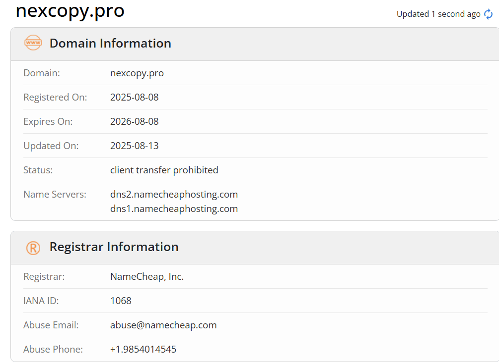 Nex Copy Pro инфо о домене